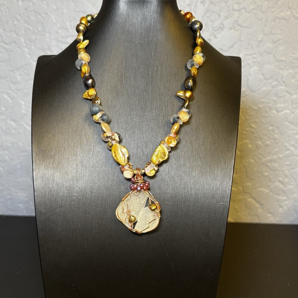 Unique Artisan Pearl Copper Sea Glass Statement Necklace Jewelry Multicolor